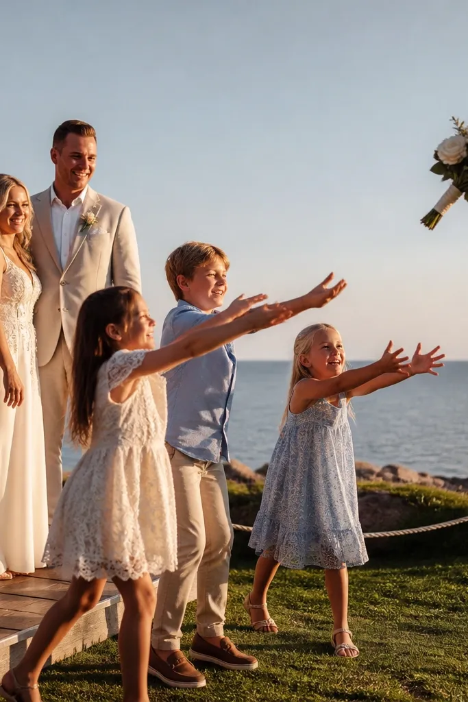 Kids smiling as bride and groom stand beside them