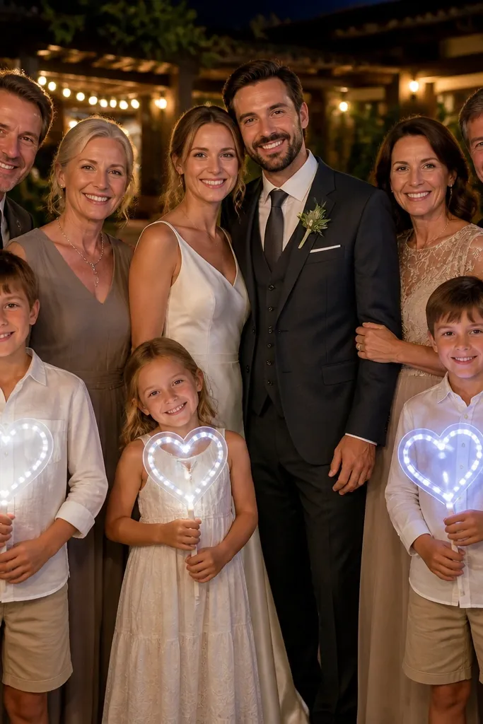Bride and groom smiling as kids hold small glowing signs
