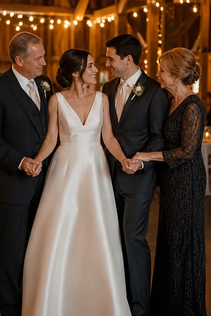Bride and groom dancing with a parent on each side
