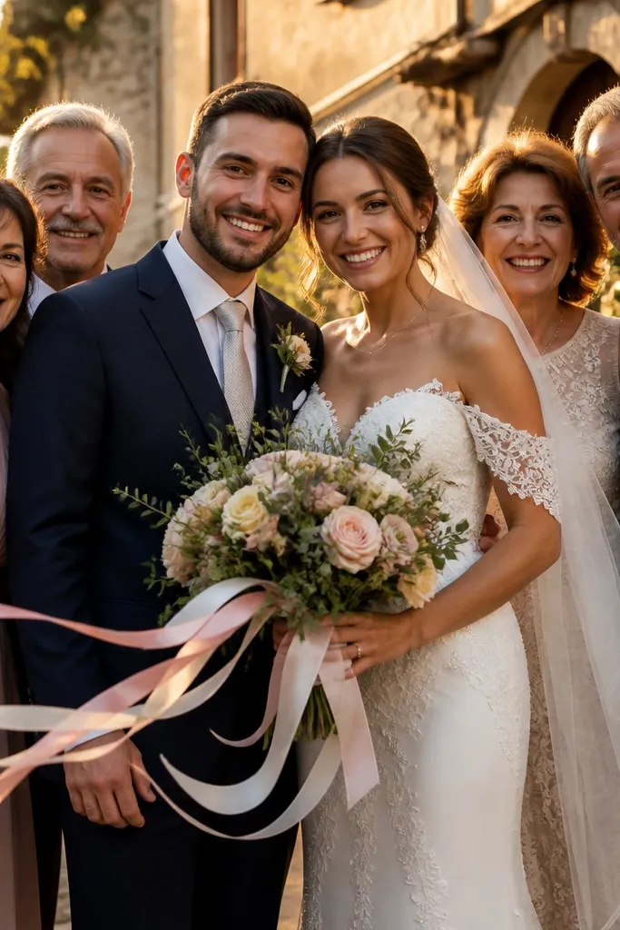 Bride and groom holding bouquet as family leans in close