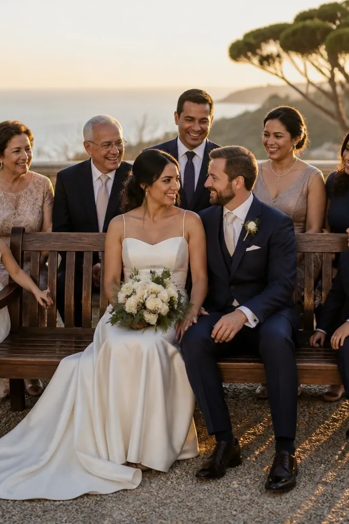 Bride and groom centered on a bench with family arranged around