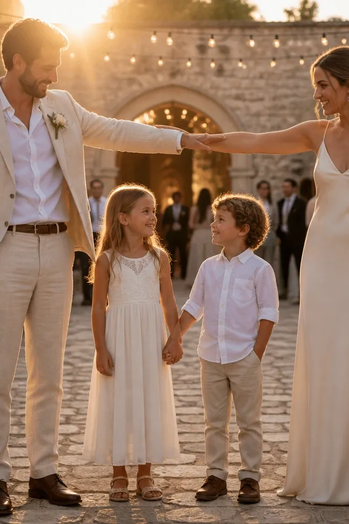 Bride and groom with kids and parents forming a bridge with hands