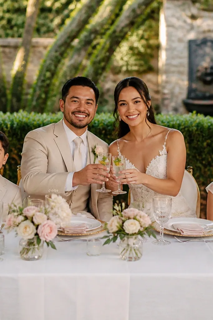 Bride and groom toasting at a reception table with kids seated nearby