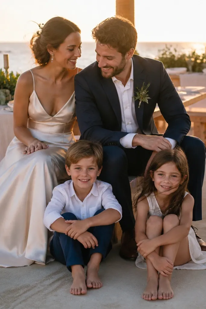 Bride and groom seated close with kids sitting on the floor nearby