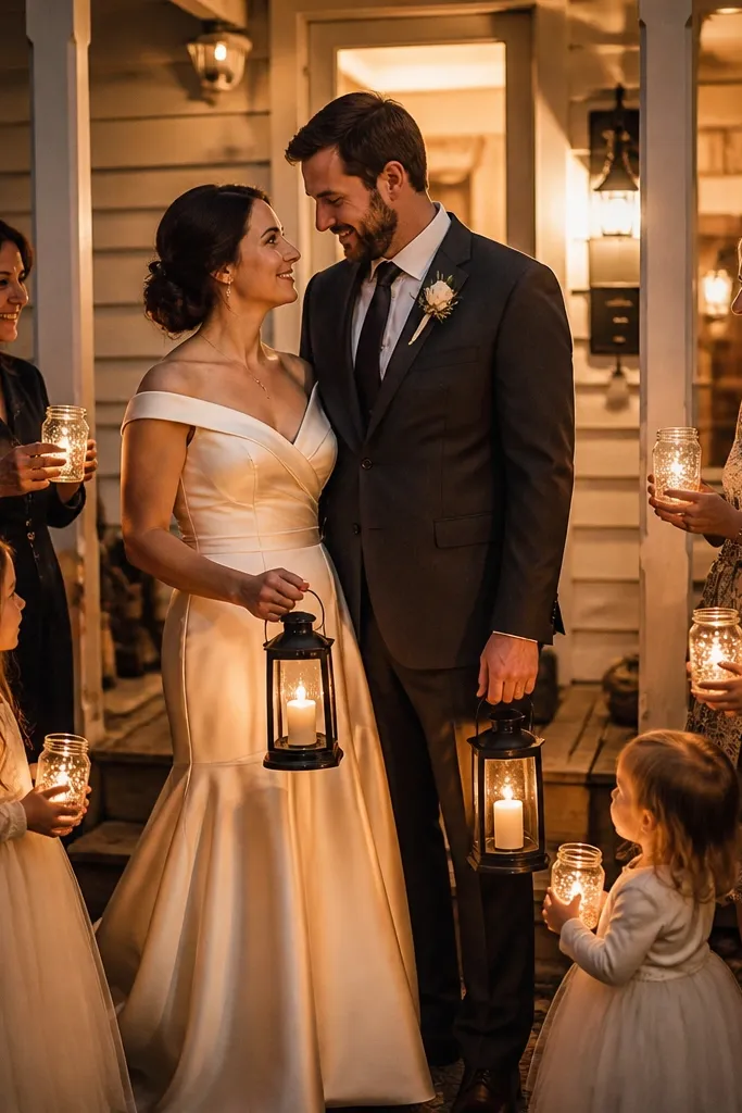 Bride and groom standing under porch lights as family holds lanterns