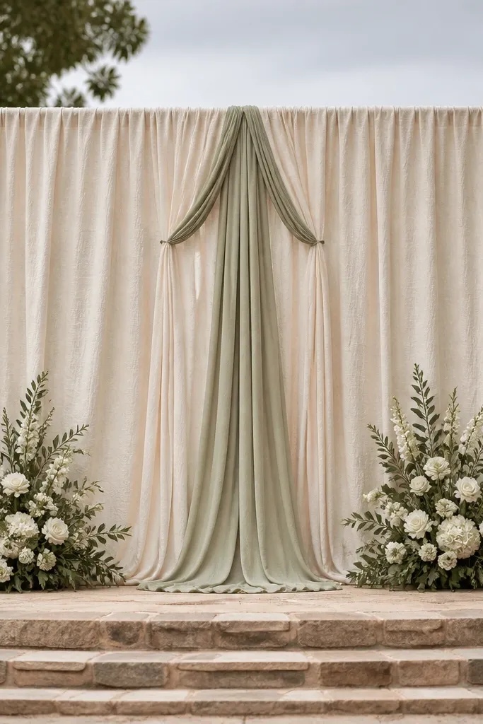 Cream linen draped across a wedding stage with a single soft runner in the center