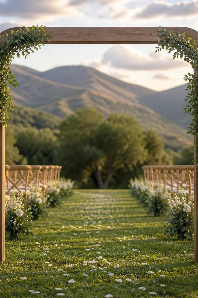 A freestanding rectangular frame arch with soft greenery along the sides on a wedding stage