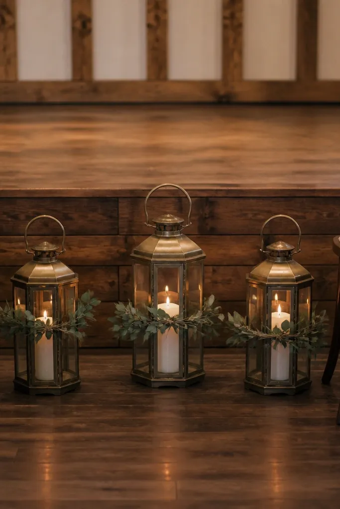 Three matching lanterns on the stage floor wrapped with small greenery bands