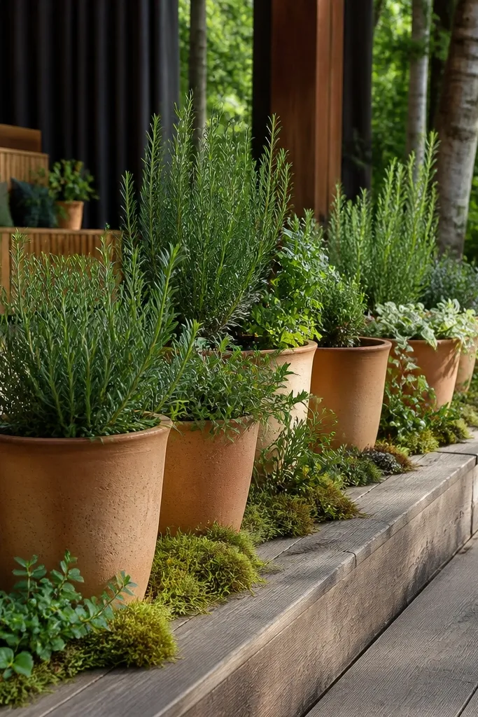 Small potted herbs and moss along the front edge of a wedding stage