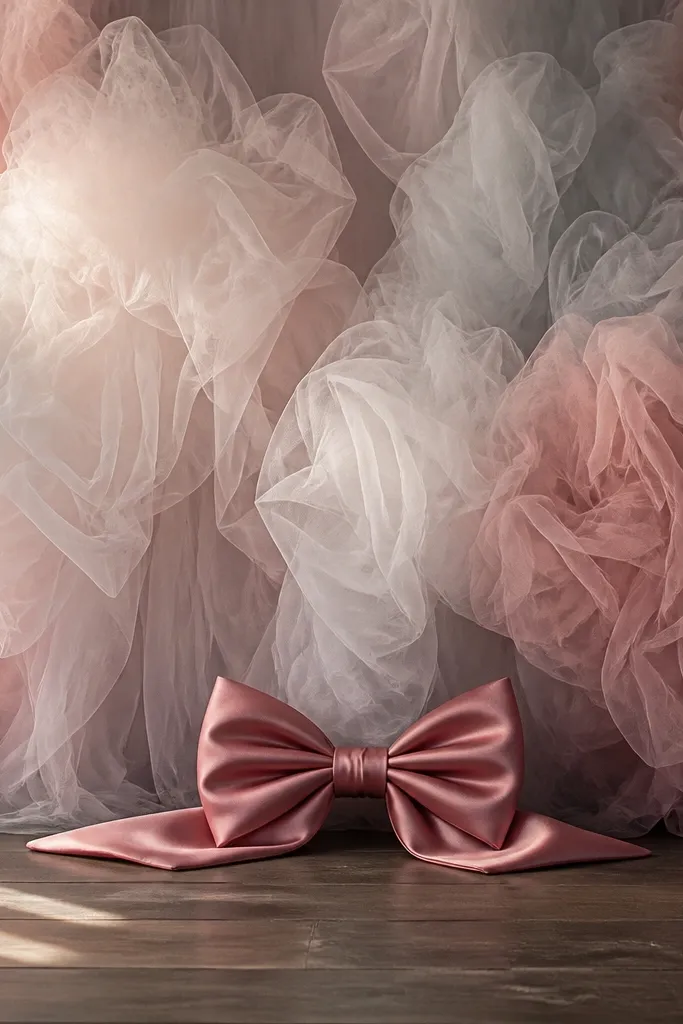 Light pink and cream tulle draped into soft clouds with a bow on the stage floor