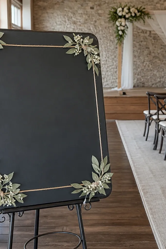 A chalkboard-style sign on a stand with small greenery tucked into the corners