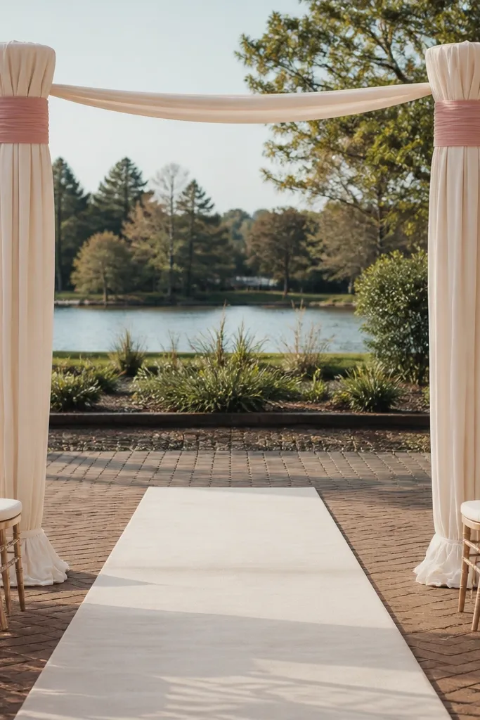 Two fabric-wrapped columns with gathered fabric and a center runner on a wedding stage