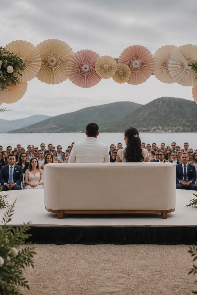 A banner made from paper fans and greenery clusters on a wedding stage wall