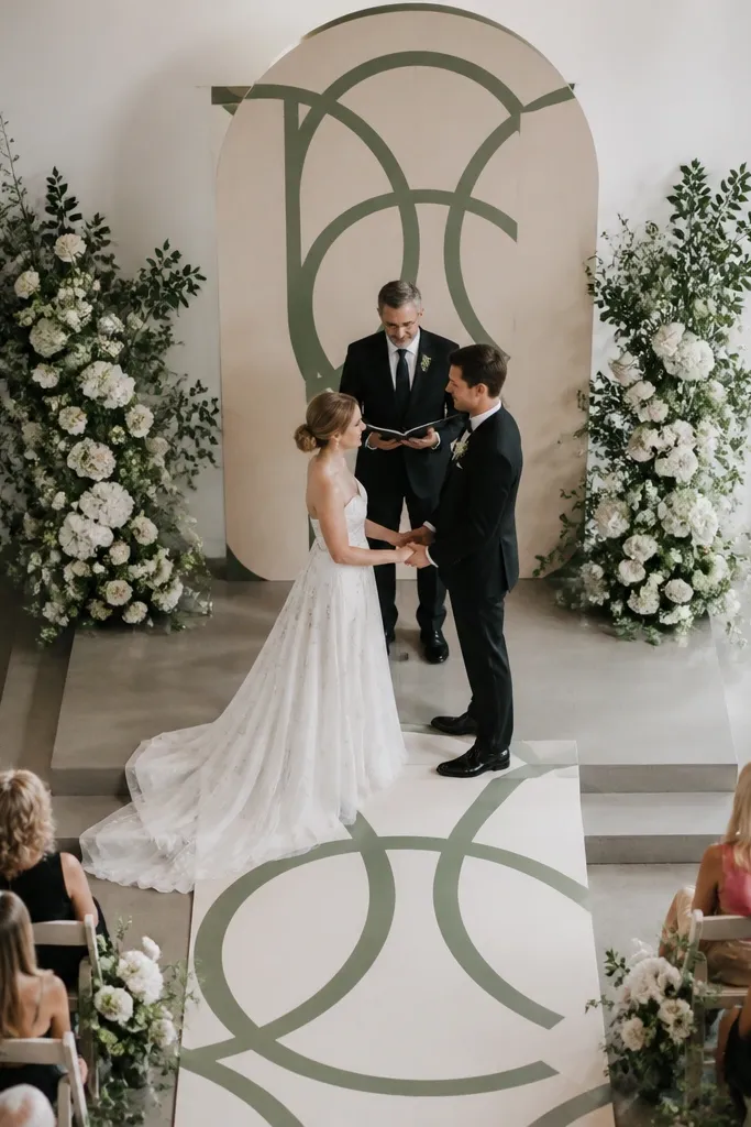 A monogram centerpiece runner and matching fabric strip on a wedding stage floor