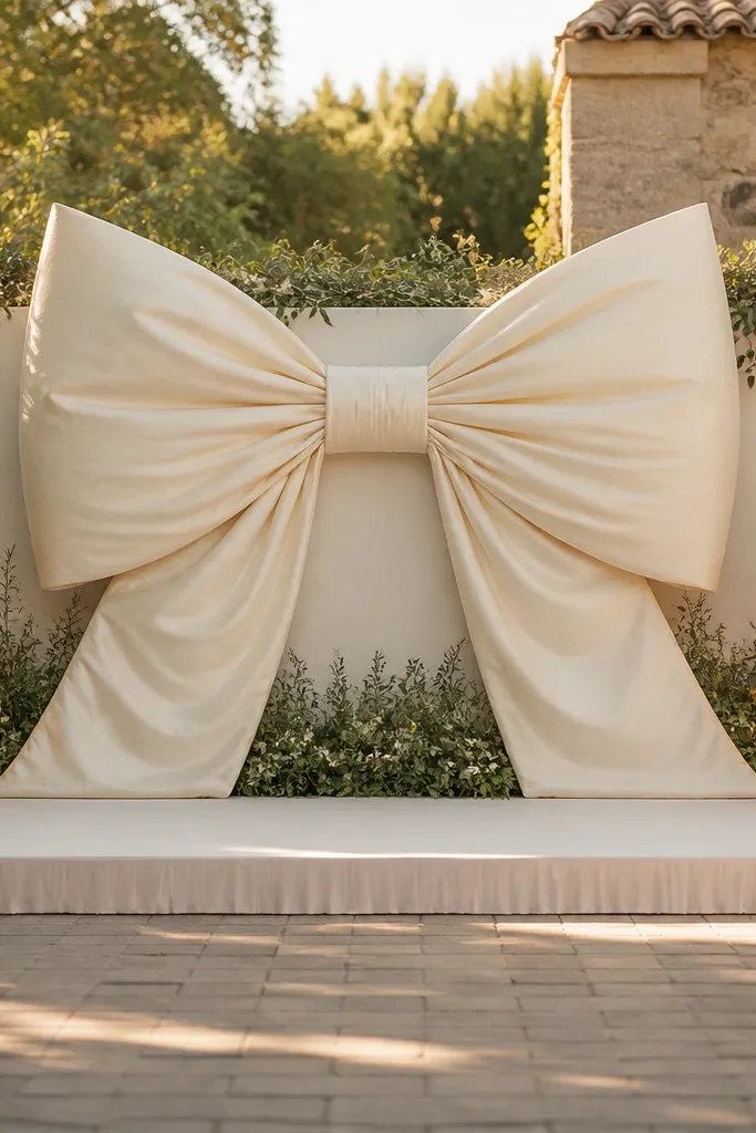 A large fabric bow at center of a wedding stage with two lanterns on either side