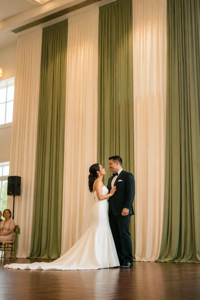 Cream and sage fabric panels hanging vertically behind a wedding stage