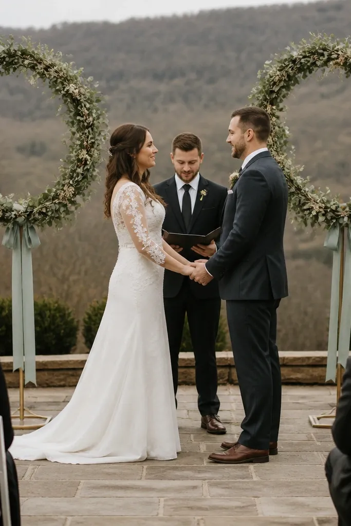 Two sage wreaths on weighted stands behind the wedding couple area