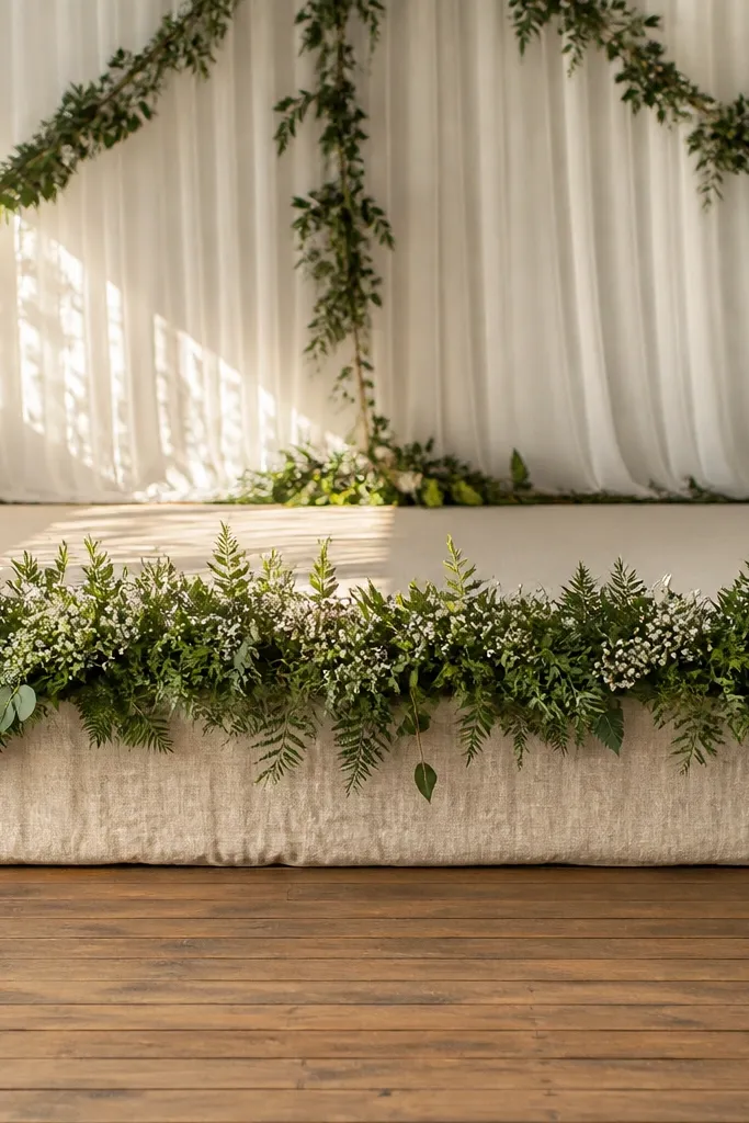 A balloon-free garland line of greenery and small flowers along the stage front