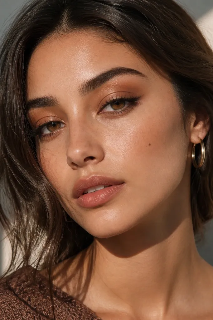 Warm bronze eyeshadow with a gentle halo glow and soft brown liner