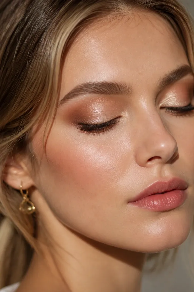 Satin champagne shimmer on the lid with a cocoa shadow outer corner