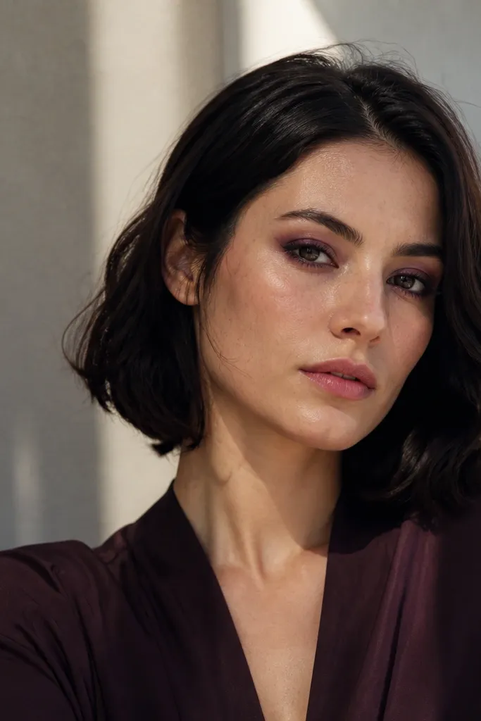 Plum smudged eyeliner with soft rosy lip and neutral cheeks