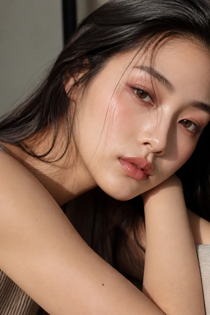 Rose-brown halo eyeshadow with feathered brows and rosy cheek tint