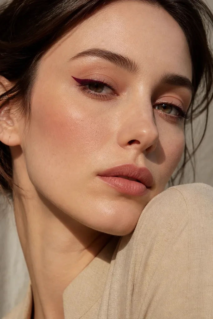 Neutral lid with a deep plum wing extending slightly upward