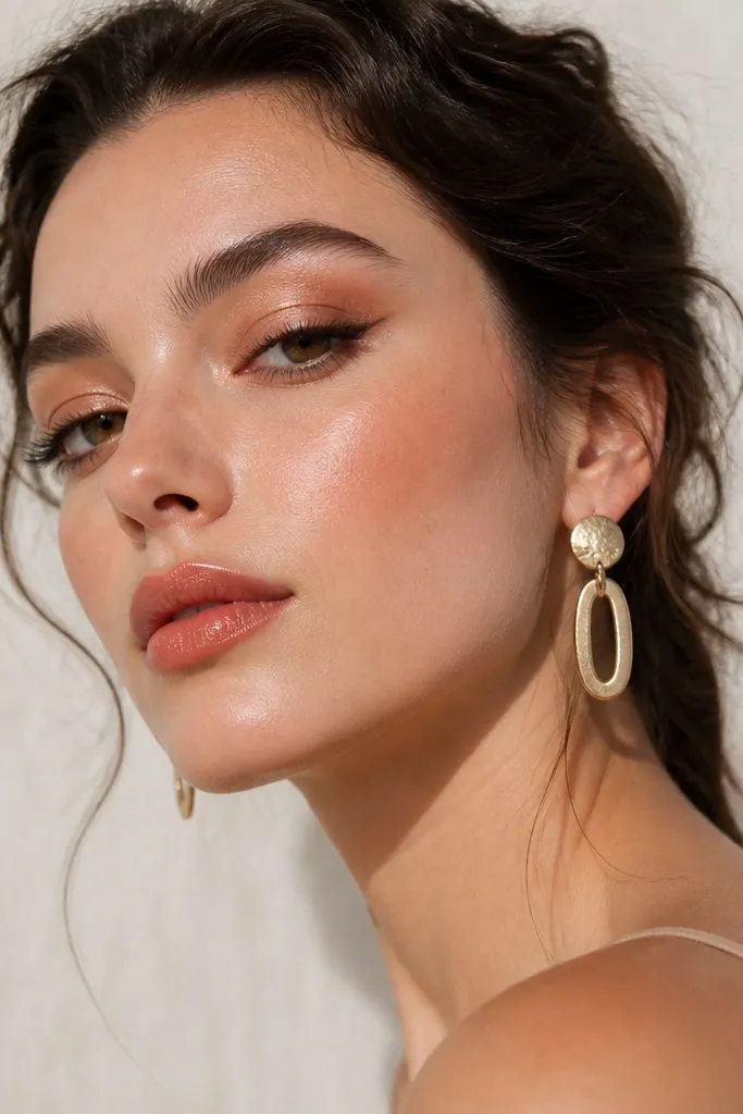 Golden bronze wing liner with peach blush and warm-toned lips