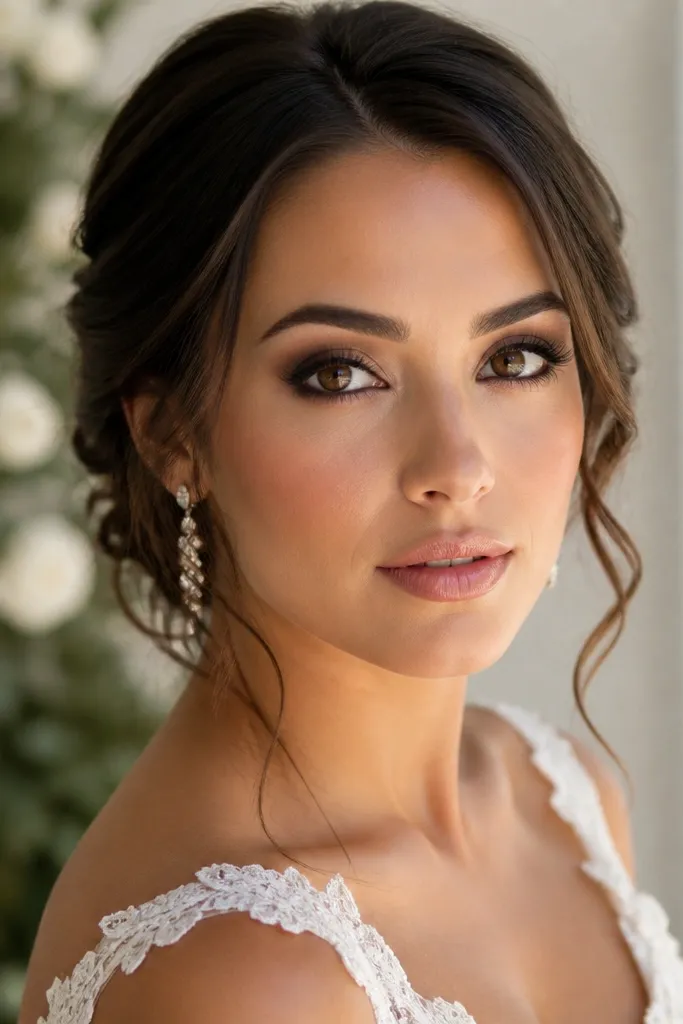 Neutral lid with smoky espresso liner and a glossy nude lip