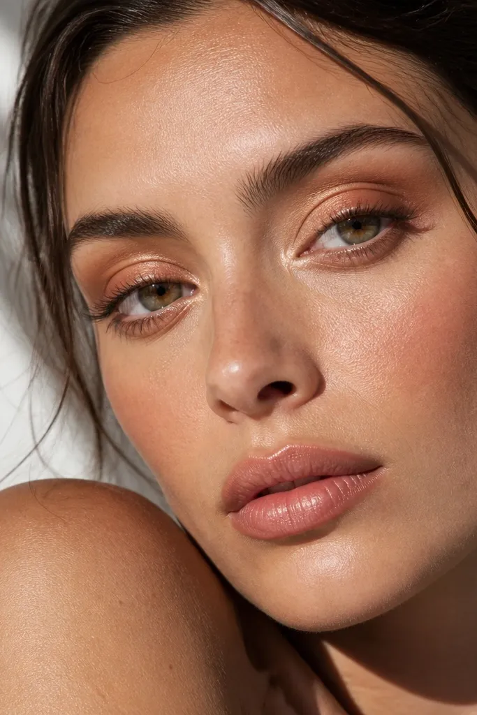Soft copper eyeshadow with champagne glow at inner corners