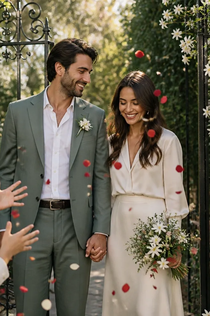 Couple at a garden gate as a child holds and offers flower petals
