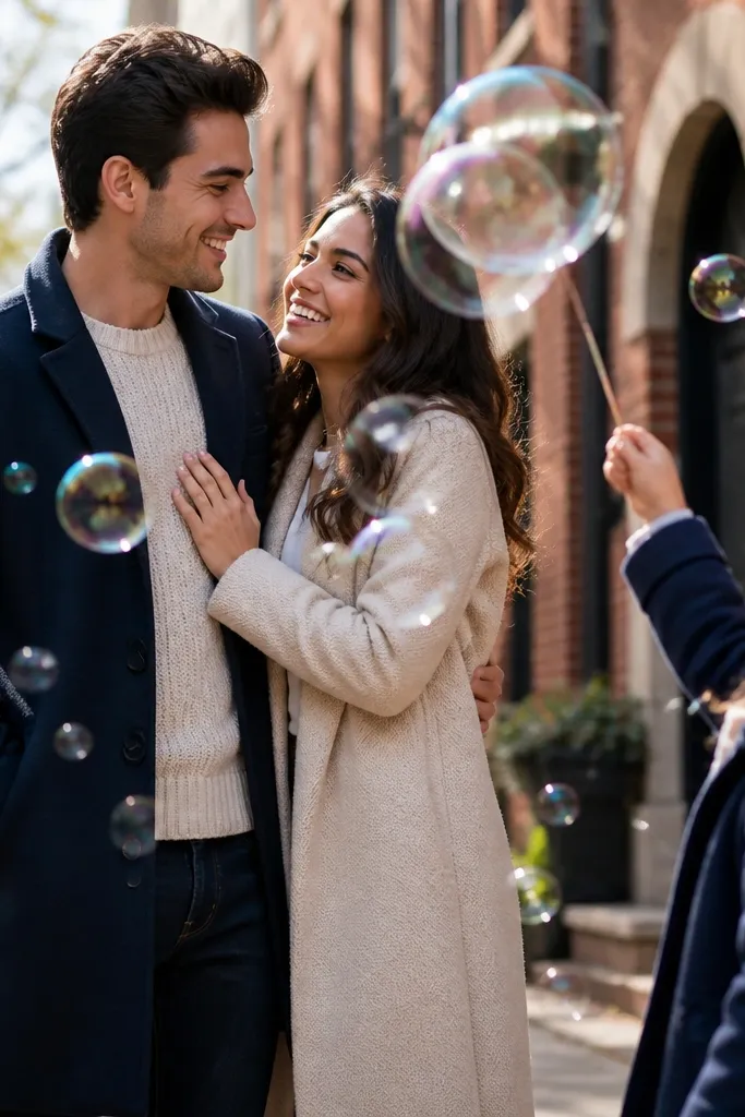 Child blowing bubbles while the couple stands close and smiles