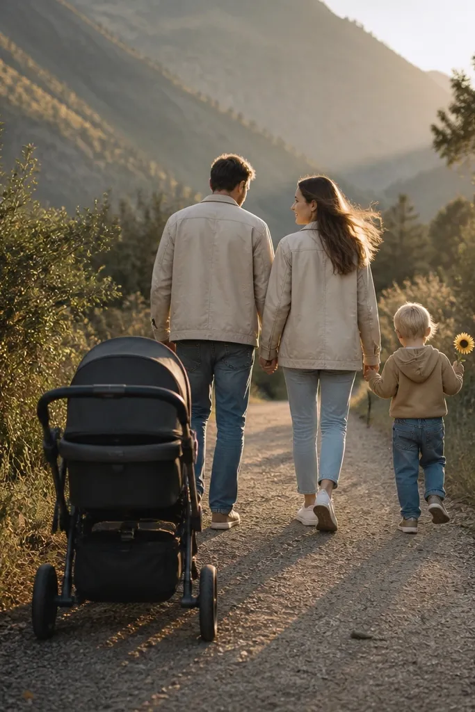 Stroller parked near a path while the couple walks and a child holds flowers