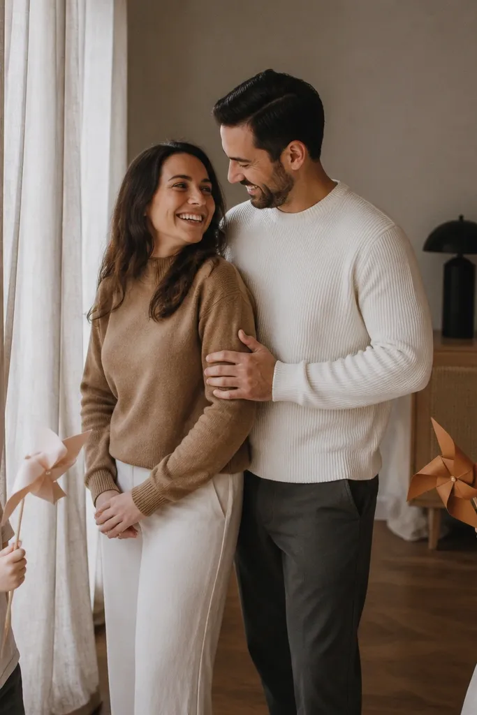 Couple near a window while kids peek through from behind curtains