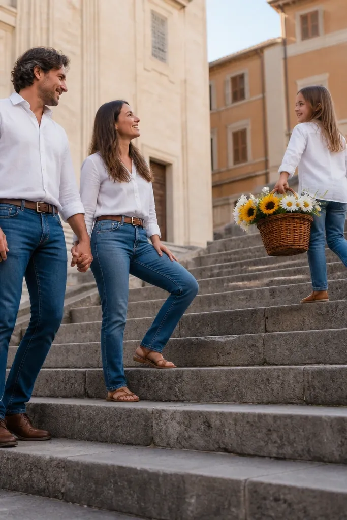 Couple on town square steps with a child holding a small flower basket