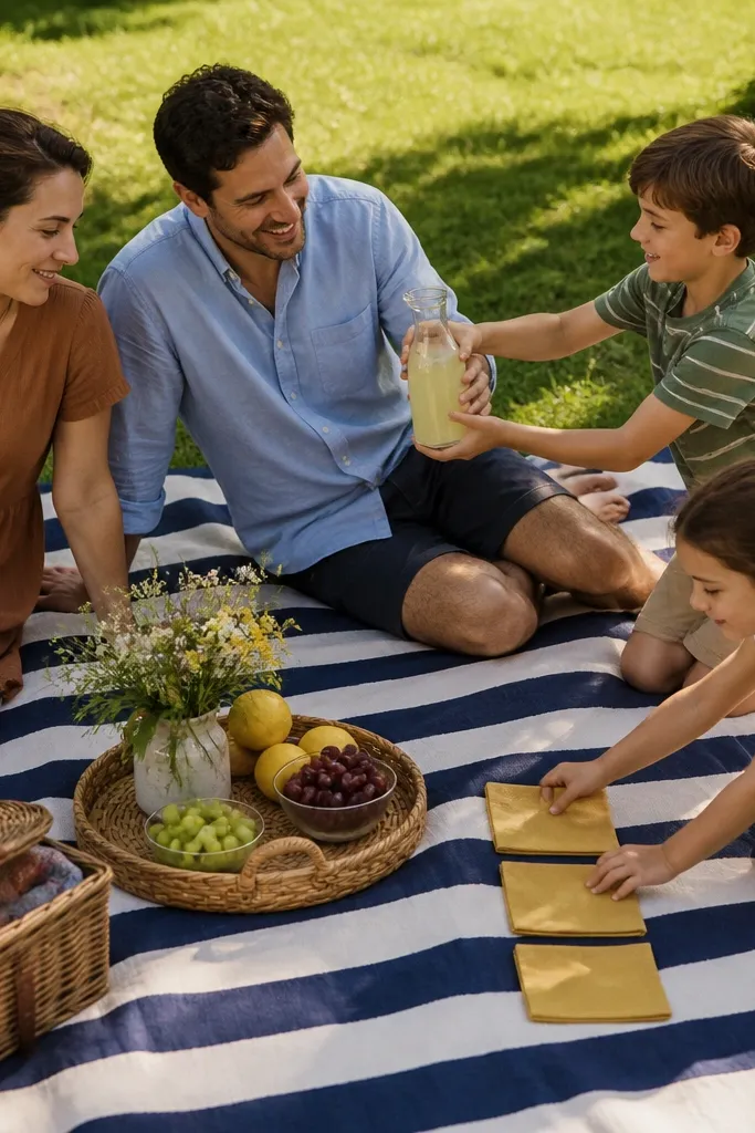 Picnic blanket with couple sitting close while kids arrange snacks and flowers