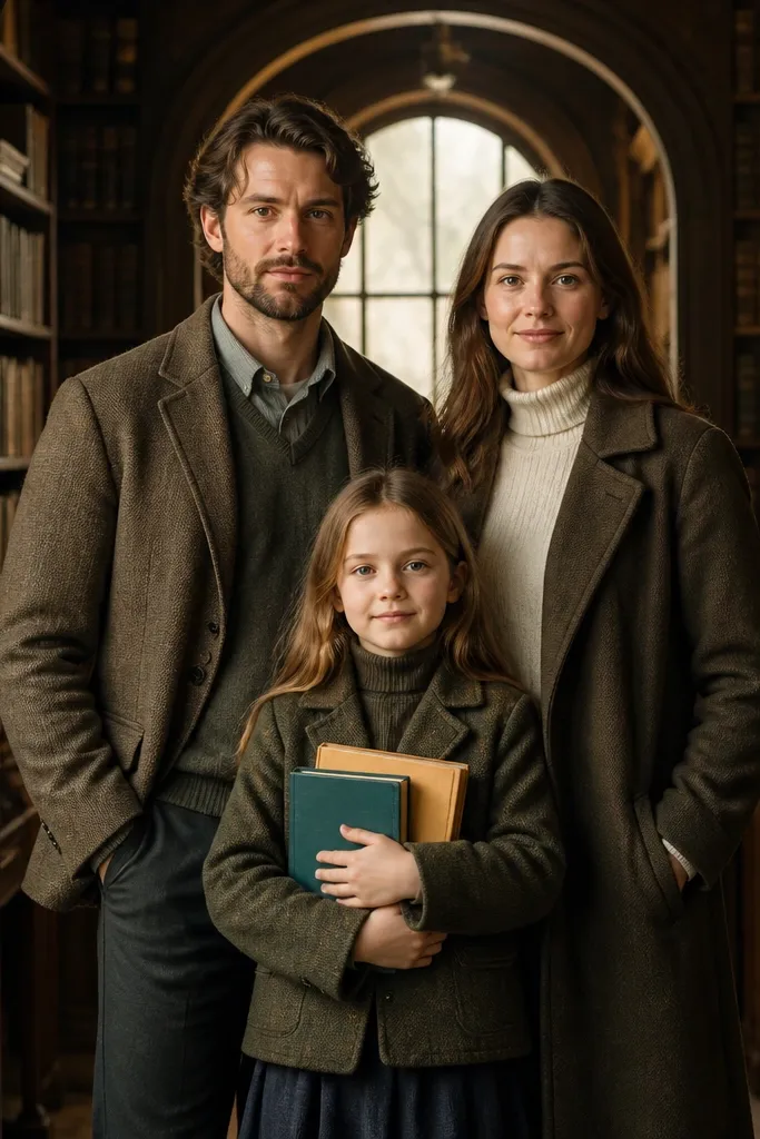 Couple framed in a library doorway while kids hold a couple of books