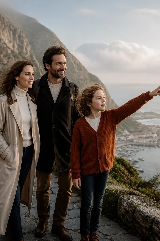 Couple walking on an overlook path while a child points toward the view