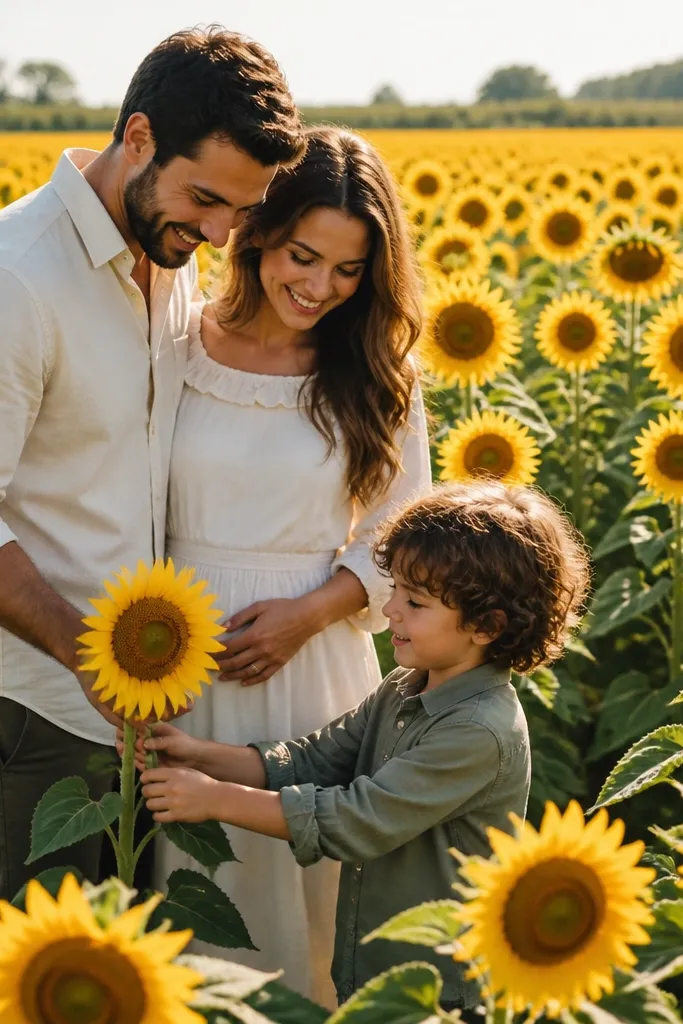 Couple in a sunflower field while a child holds one large sunflower