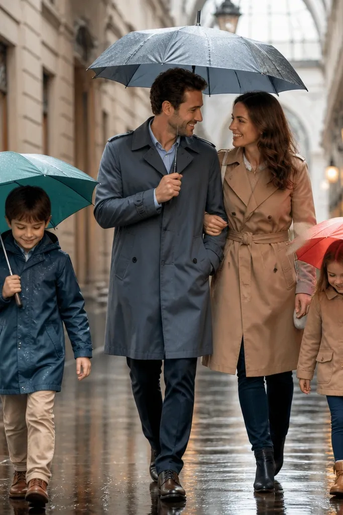 Couple under a covered arcade with kids holding umbrellas