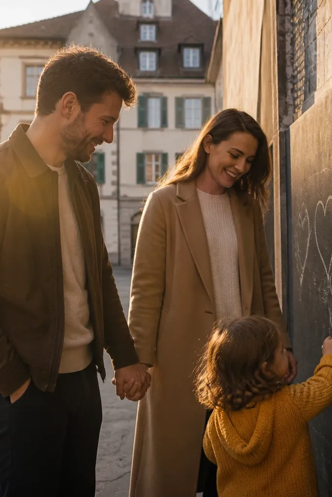 Couple in front of a chalkboard wall while kids draw with chalk