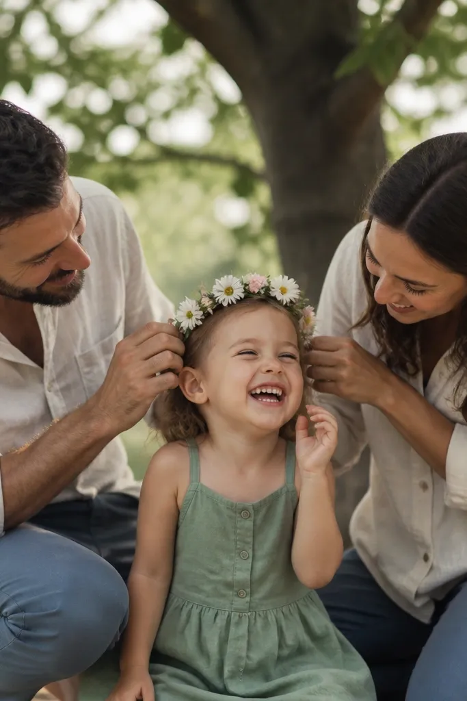 Kids trying on flower crowns while the couple watches and smiles under a tree