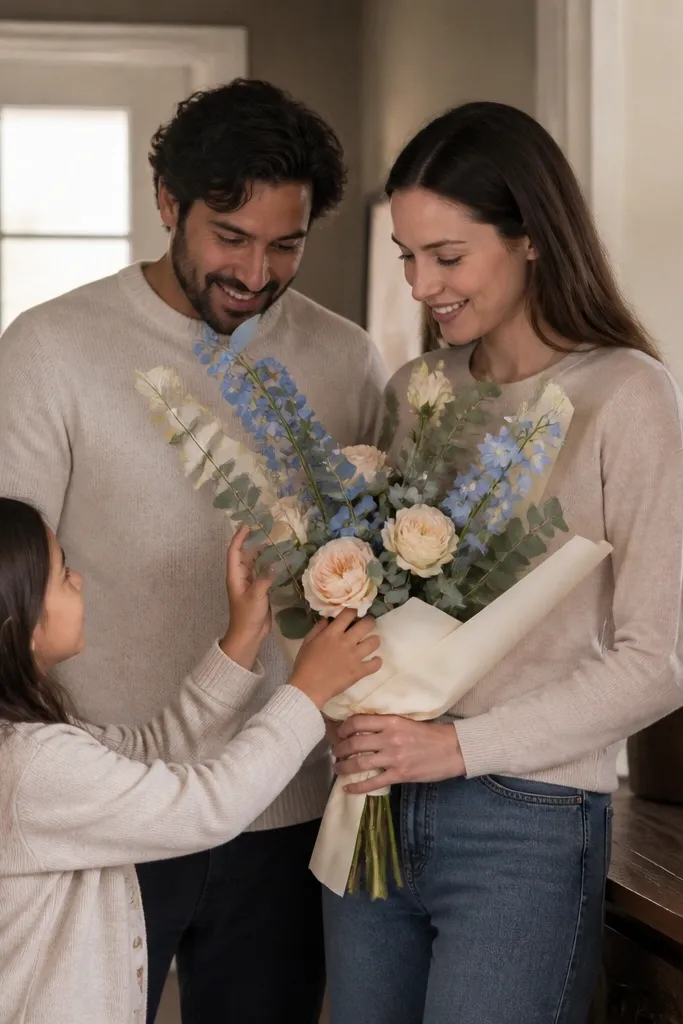 Couple holding one shared bouquet while a child touches the flowers