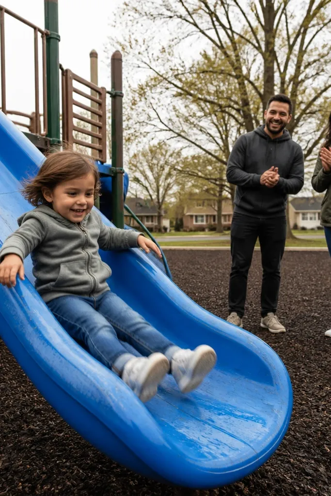 Child coming off a slide while the couple waits and smiles