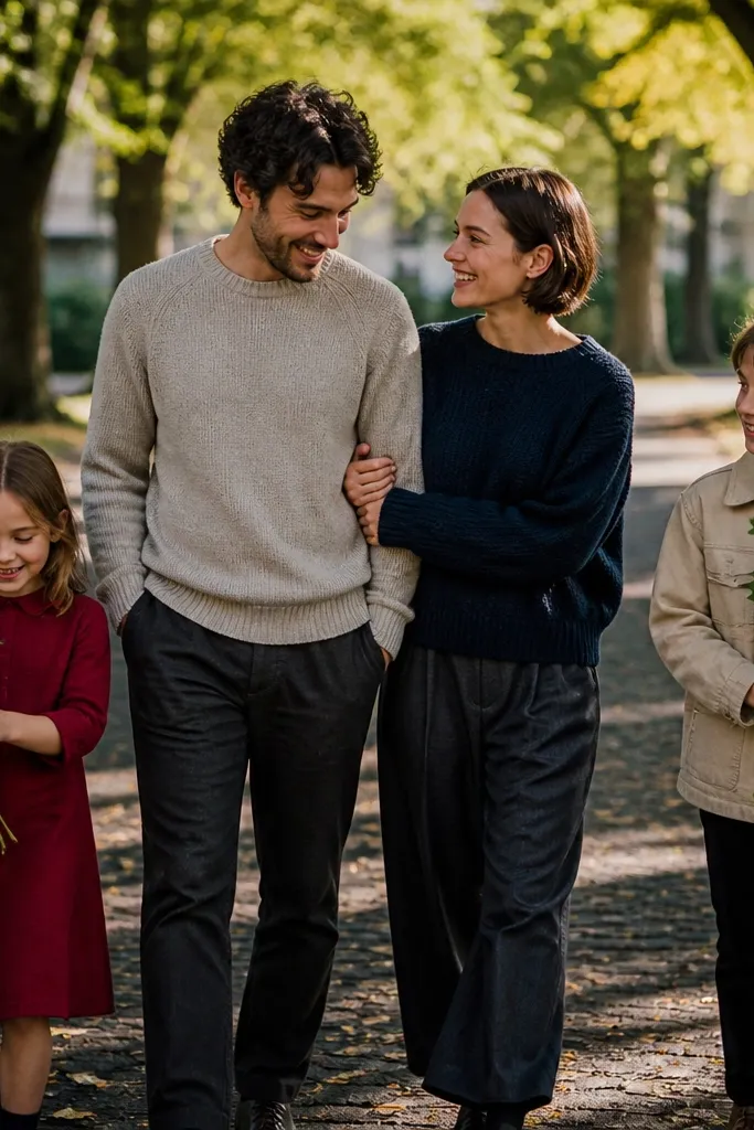 Couple walking under trees while a child carries a small bundle of leaves