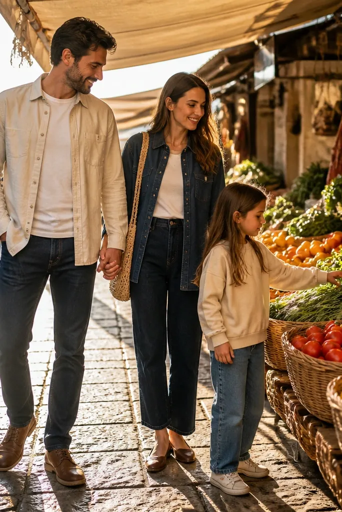 Couple holding hands while a child holds up a small market item