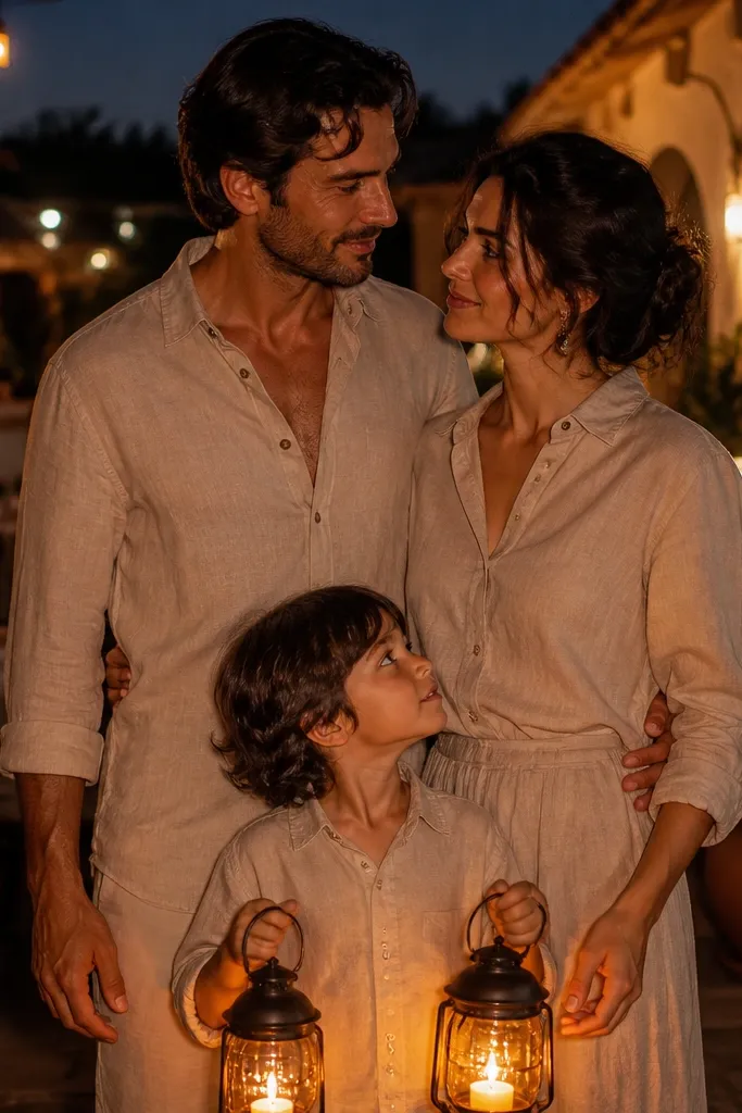 Couple on patio with kids holding small lanterns and warm lights behind