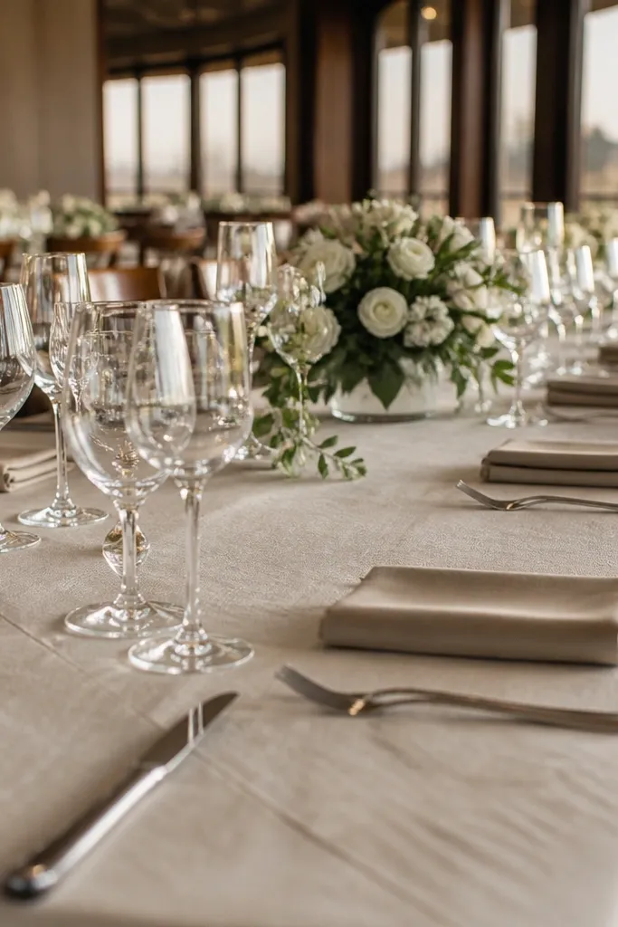 Ivory linen runner with neatly folded sage napkins on a white table