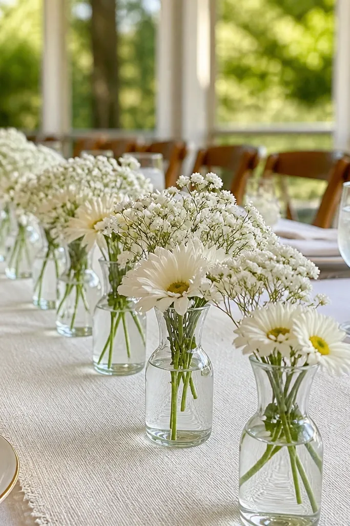 Three small bud vases with white flowers lined across a table
