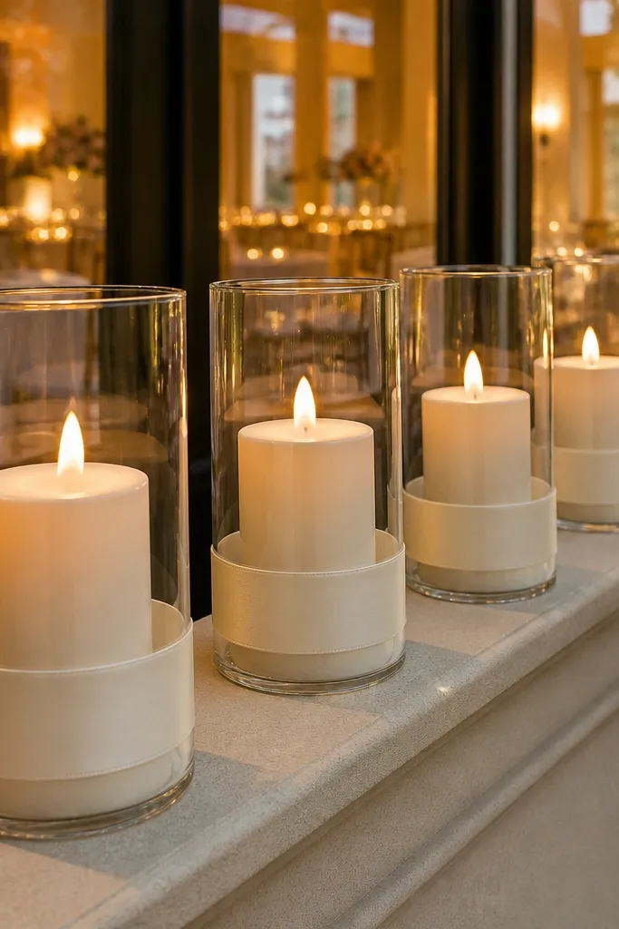 White LED candles inside clear hurricane holders on a dining table